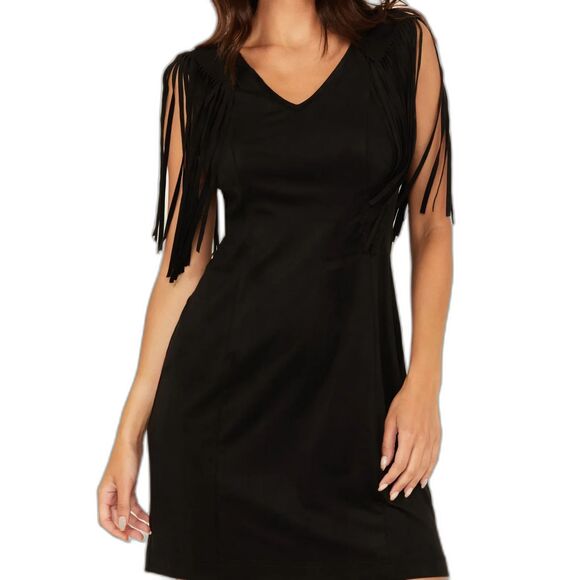 Idyllwind Lady Bird Black Fringe Faux Suede Mini Dress Size L Western Boho - Picture 1 of 10